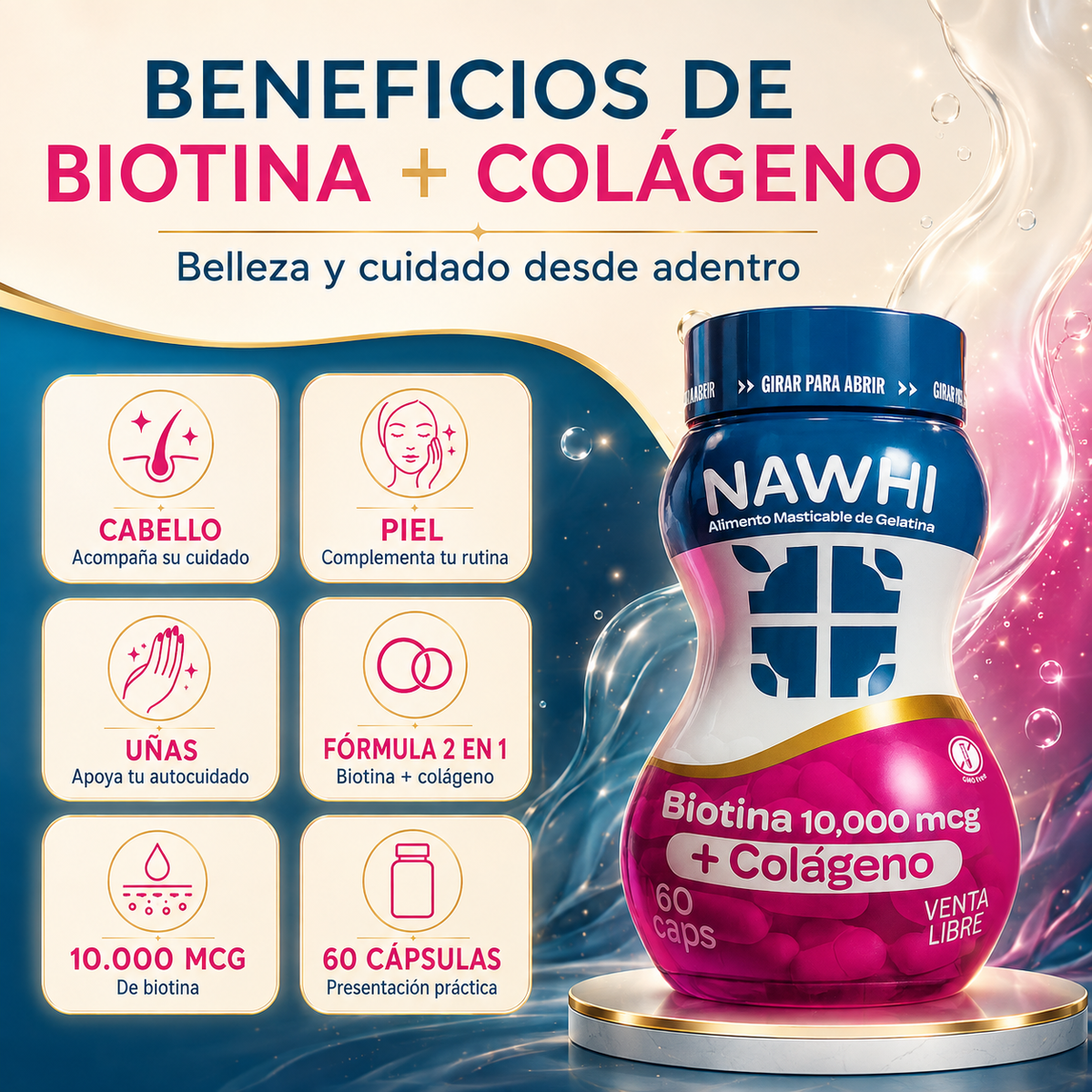 NAWHI Biotina 10.000 mcg + Colágeno Hidrolizado | 60 cápsulas