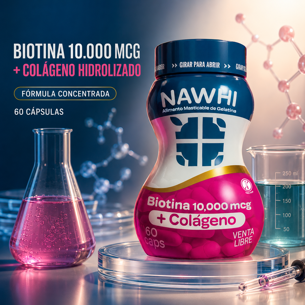 NAWHI Biotina 10.000 mcg + Colágeno Hidrolizado | 60 cápsulas